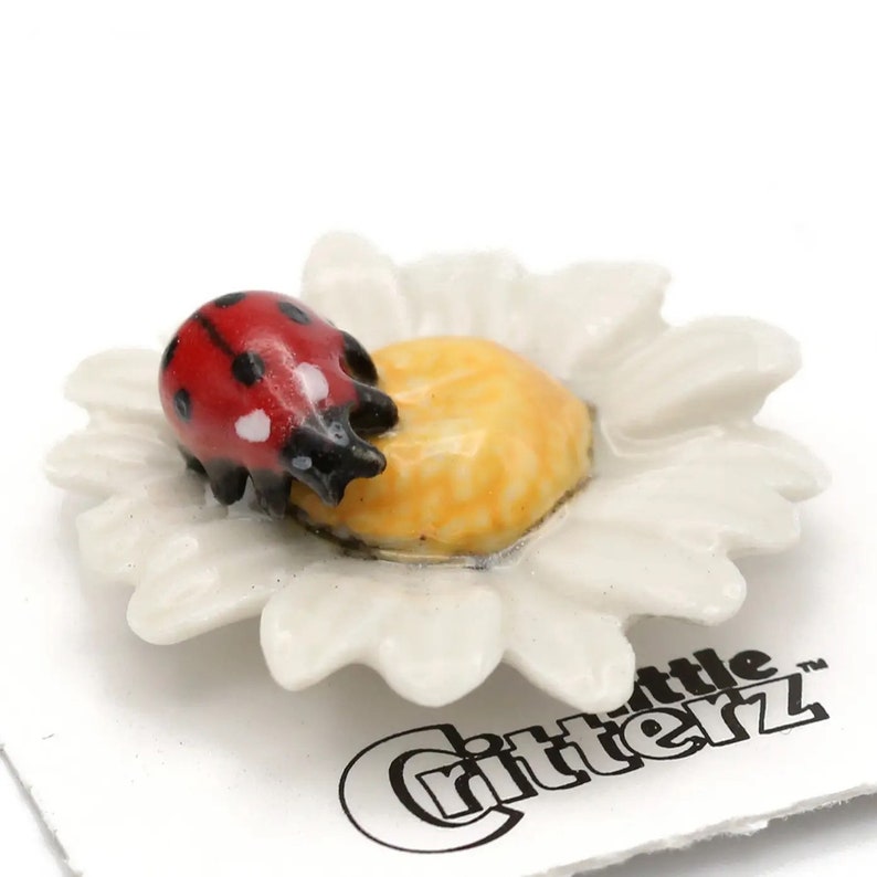 LADYBUG on DAISY FLOWER Miniature Porcelain Figurine image 1