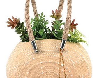 CERAMIC STRAW bag PLANTER with hanging rope straps