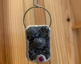 Uraguanian Amethyst Druzy with Ruby and Quartz on Grey Hemp Cord Sparkle Necklace