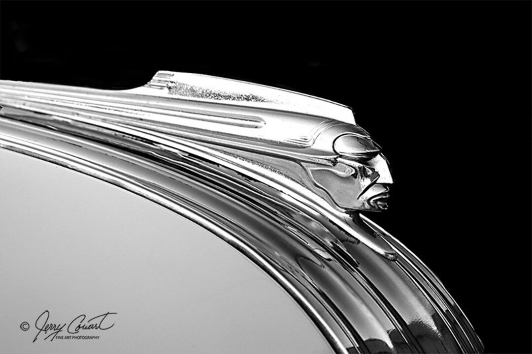 1941 Pontiac Vintage Car Hood Ornament Fine Art Print, Black White Car