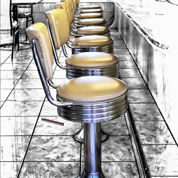 Cafe Dinner Bar Stools Art Prints, Imma Jean's Cafe Fine Art Photography Print, Hamberger Roadhouse Cafe Art Prints US Route 66 Cafe Art