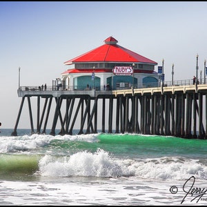 Ruby's Cafe Huntington Beach Pier Art Photography, Beach Pier Photography, Surfer Waves Art, Beach Decor