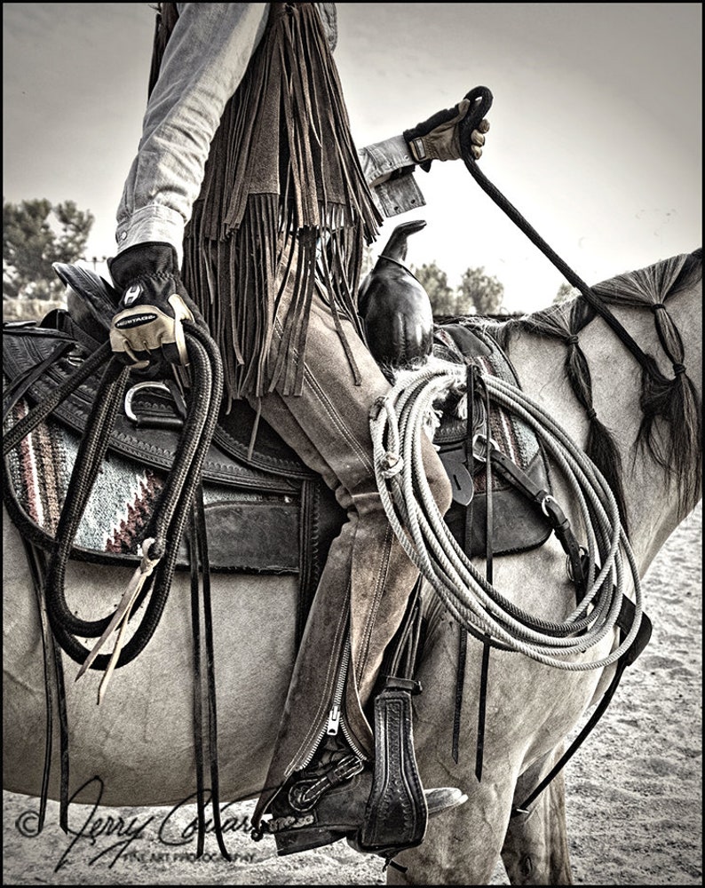 May include: A cowboy riding a horse, wearing a fringed leather vest, chaps, and gloves. The horse is wearing a saddle and has a rope tied around its neck.