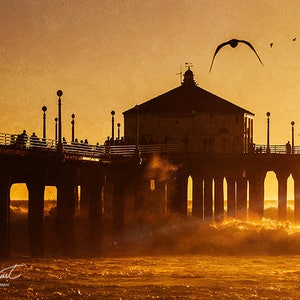 Sunset Beach Art, Beach Pier Photography, Manhattan Beach Pier Art, Golden Sunset Beach Pier Photography, Beach Art Decor