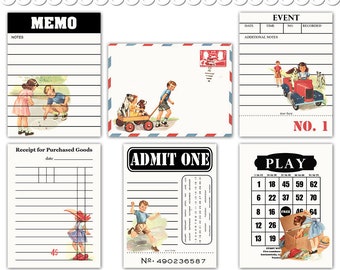 Digital retro children journaling cards / vintage/ project life  / ephemera collage sheet / 6 designs / downloadable, printable / 3" by 4"
