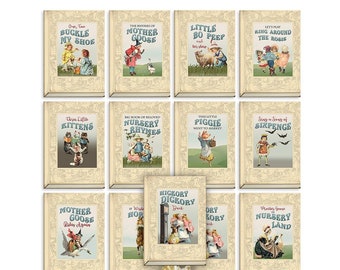 Printable nursery rhyme storybook cupcake toppers, cake bunting / digital scrapbook tags / vintage Mother Goose rectangular book covers /