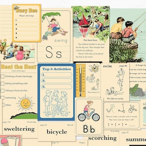 Summer Themed Digital Journaling Cards in Vintage Textbook Style to print and use in scrapbooks, junk journals, cards, paper crafts
