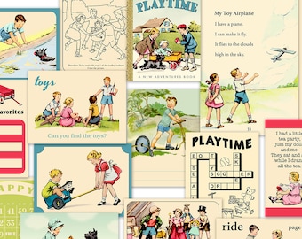 Children journaling cards / printable, digital scrapbooking / 21 cards / digital collage sheet & individual files / toys, vintage textbook