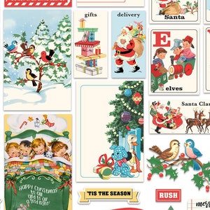 Retro Christmas Digital Scrapbook embellishments, ephemera, pocket cards  / printable collage sheets plus individual files / vintage Santa