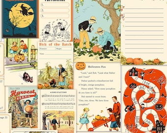 May include: A set of vintage Halloween-themed printable cards featuring illustrations of jack-o'-lanterns, pumpkins, and children. The cards include a game board, a word puzzle, and alphabet flashcards. The text on the cards includes "Halloween Life", "Fall Favorites", "Pick of the Patch", "Halloween Fun", "Whirl-O Halloween Dare Game", "Jack-o'-lantern", "Costume", "Pumpkin", "J is for Jack-o'-lantern", and "Halloween".