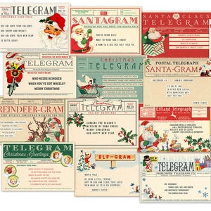 Retro Digital Christmas Telegrams, Santa Grams / 16 ephemera cards, 6" by 4" / gift tags, crafts / PDF, collage sheets, individual JPEGs