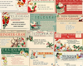 Retro Digital Christmas Telegrams, Santa Grams / 16 ephemera cards, 6" by 4" / gift tags, crafts / PDF, collage sheets, individual JPEGs