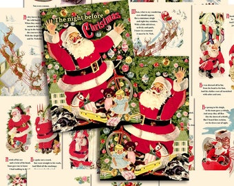 May include: Vintage Christmas book pages featuring illustrations of Santa Claus, reindeer, and a Christmas tree. The pages include the text "The Night Before Christmas".