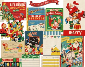 Op de afbeelding: Een verzameling vintage kerstthema digitale papieren met illustraties van elven, kerstman en kerstverlichting. De papieren bevatten tekst zoals "Merry Christmas", "Jingle all the way" en "Santa's Savings Club".