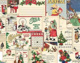 May include: A collection of vintage Christmas ephemera, including cards, book covers, and illustrations. The designs feature festive imagery such as Santa Claus, children, Christmas trees, and holly. The color palette includes red, green, and cream.
