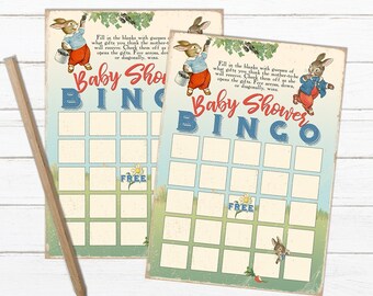 Printable Baby Shower Bingo Cards with Bunny Rabbits  / baby boy gifts prediction party game / book theme / digital, instant download