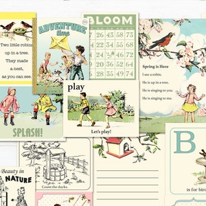 Spring journaling cards / printable, digital scrapbooking / 18 pocket scrapbooking cards / digital collage sheet / vintage textbook images