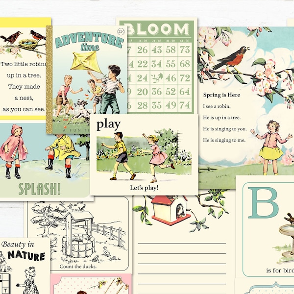 Spring journaling cards / printable, digital scrapbooking / 18 pocket scrapbooking cards / digital collage sheet / vintage textbook images