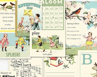 Printable Spring Scrapbook Journal Cards: Vintage Style Textbook Images, Ephemera (Digital Download)