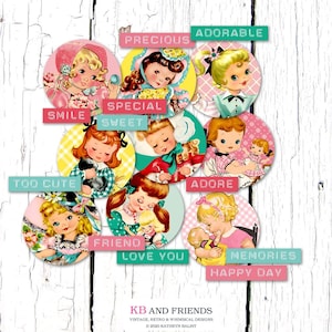 Printable Retro Girl Circles and Word Labels for scrapbook embellishments, collage, crafts / circles come in 3 sizes: 1", 1.5", 2" diameter