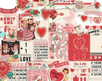 Retro Valentine's Day Digital Ephemera, Fun & Game Cards for Crafts / vintage children, couples / printable collage sheets / JPEG, PDF, PNG