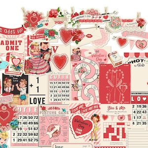 Retro Valentine's Day Digital Ephemera, Fun & Game Cards for Crafts / vintage children, couples / printable collage sheets / JPEG, PDF, PNG
