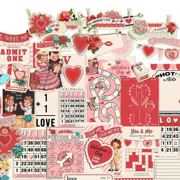 Retro Valentine's Day Digital Ephemera, Fun & Game Cards for Crafts / vintage children, couples / printable collage sheets / JPEG, PDF, PNG