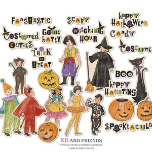 Printable Vintage Halloween Costumed Cuties word art and children to cut out for scrapbooking, junk journals, crafts / digital collage sheet