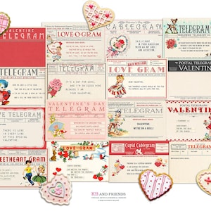 Retro Valentine Telegrams / 16 ephemera cards, 6" by 4" / gift tags, crafts / PDF, collage sheets, individual JPEGs / vintage children
