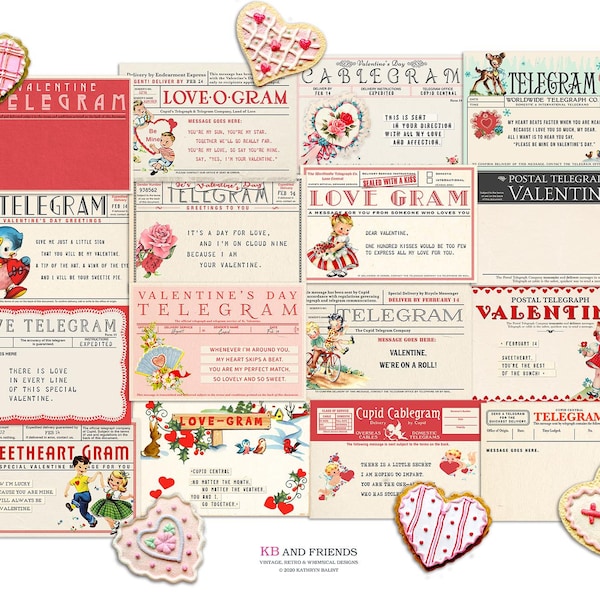 Retro Valentine Telegrams / 16 ephemera cards, 6" by 4" / gift tags, crafts / PDF, collage sheets, individual JPEGs / vintage children