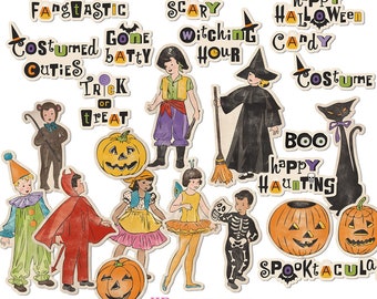 May include: A set of vintage Halloween themed illustrations featuring children in costumes, pumpkins, a black cat, and various Halloween phrases like "Happy Halloween", "Boo", "Trick or Treat", and "Spookytacular".