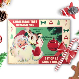 Printable Retro Santa & Reindeer Christmas Ornament Box  / digital 5" by 7" by 1.25" box for gifts, crafts / DIY vintage box template