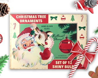 May include: Vintage Christmas tree ornaments featuring a red and white Santa Claus and a reindeer with a red and white candy cane. The ornaments are hand-blown glass and come in a set of 12. The text on the box reads "Christmas Tree Ornaments, Hand-Blown Glass, Brilliant! Showy! Distributed by North Pole Glassworks, Set of 12 Shiny Bulbs".