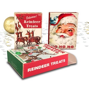 Printable DIY Christmas Small Lidded Candy Gift Boxes with Retro Style Santa and Reindeer / 3" X 4" by 1" / PNG for die cutting and PDF