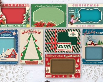 Digital Vintage Christmas Package Cards / 8 printable box tops / ephemera for gift tags, scrapbook, crafts / 2 sizes / ornament box tops