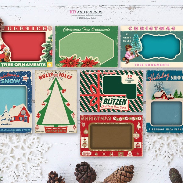 Digital Vintage Christmas Package Cards / 8 printable box tops / ephemera for gift tags, scrapbook, crafts / 2 sizes / ornament box tops