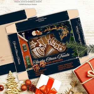 May include: An open Santa Claus Treats box with gingerbread cookies inside. The box is navy blue with a festive design, including a red house, Santa's sleigh, and text that reads "Santa Claus Treats". The box is surrounded by Christmas decorations.