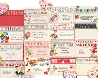 Retro Valentine Telegrams / 16 ephemera cards, 6" by 4" / gift tags, crafts / PDF, collage sheets, individual JPEGs / vintage children