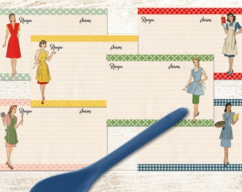 Printable Vintage Style Recipe Cards: 1940s Women in Aprons (Digital Download)