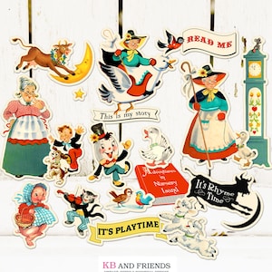 Vintage Mother Goose nursery rhyme digital scrapbooking embellishments / printable digital collage sheets / PNG digital scrapbook elements