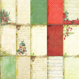 May include: Nine vintage style scrapbook paper squares with a Christmas theme. The papers feature a variety of patterns including red and green polka dots, musical notes, and handwritten text.