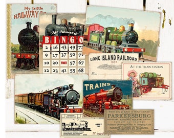 Vintage Train digital ephemera cards / railroad, locomotive collage sheet / digital scrapbooking / printable cards, tags, embellishments