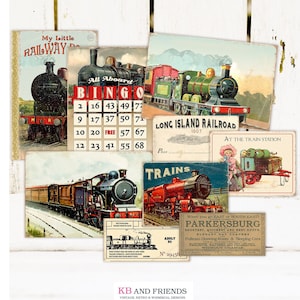 Vintage Train digital ephemera cards / railroad, locomotive collage sheet / digital scrapbooking / printable cards, tags, embellishments image 1
