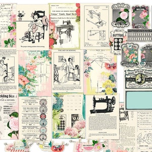 Printable Vintage Sewing Ephemera & Mixed Media Book Pages for Junk Journals, Scrapbooks, Crafts / 28 digital designs for the  seamstress