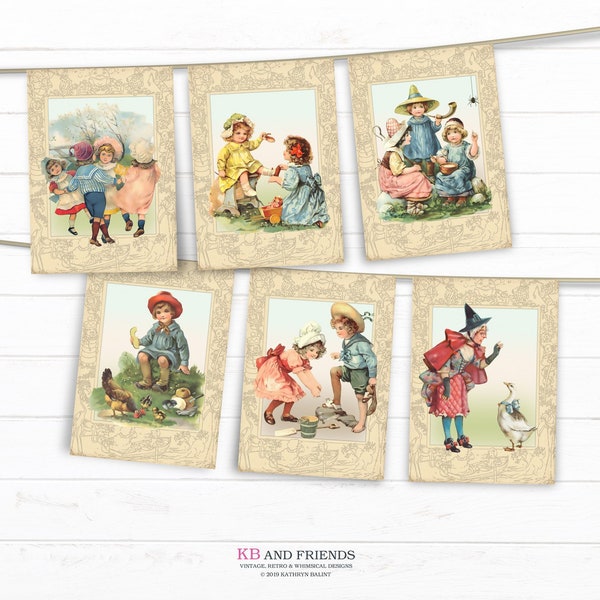 Printable Vintage Mother Goose Nursery Rhymes banner or bunting / digital pennants, flags, garland / Victorian storybook / party decoration