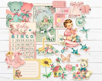 Vintage baby girl scrapbooking digital embellishments / printable digital collage sheets and individual files for digital scrapbooking