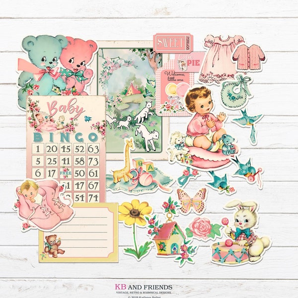 Vintage baby girl scrapbooking digital embellishments / printable digital collage sheets and individual files for digital scrapbooking