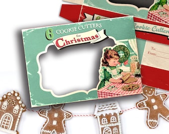 Digital Retro Christmas Cookie Cutter Gift Box  / printable 5" by 7" by 1.25" box for gifts, crafts, diorama, shadowbox / vintage treat box