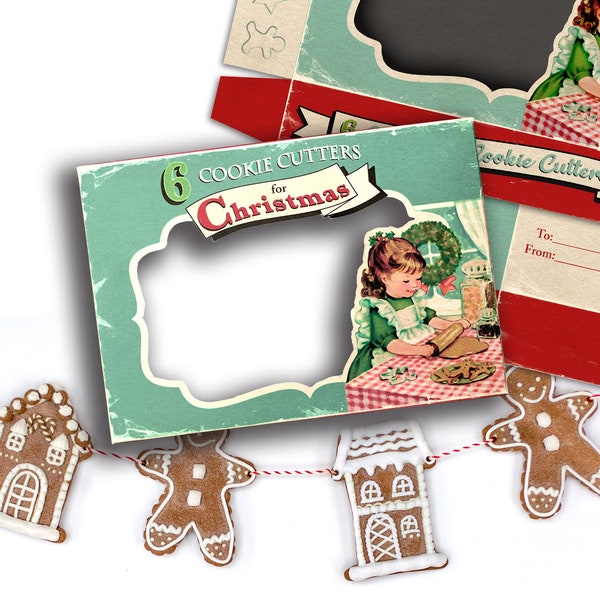 Digital Retro Christmas Cookie Cutter Gift Box  / printable 5" by 7" by 1.25" box for gifts, crafts, diorama, shadowbox / vintage treat box