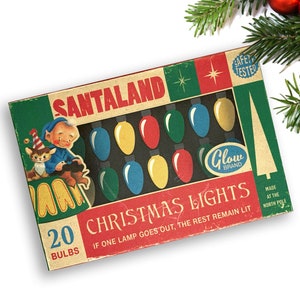 Vintage Christmas Tree Lights Gift Box  / printable digital 6" by 4" by 1" retro box for gifts, crafts, diorama, shadowbox / Santaland, elf